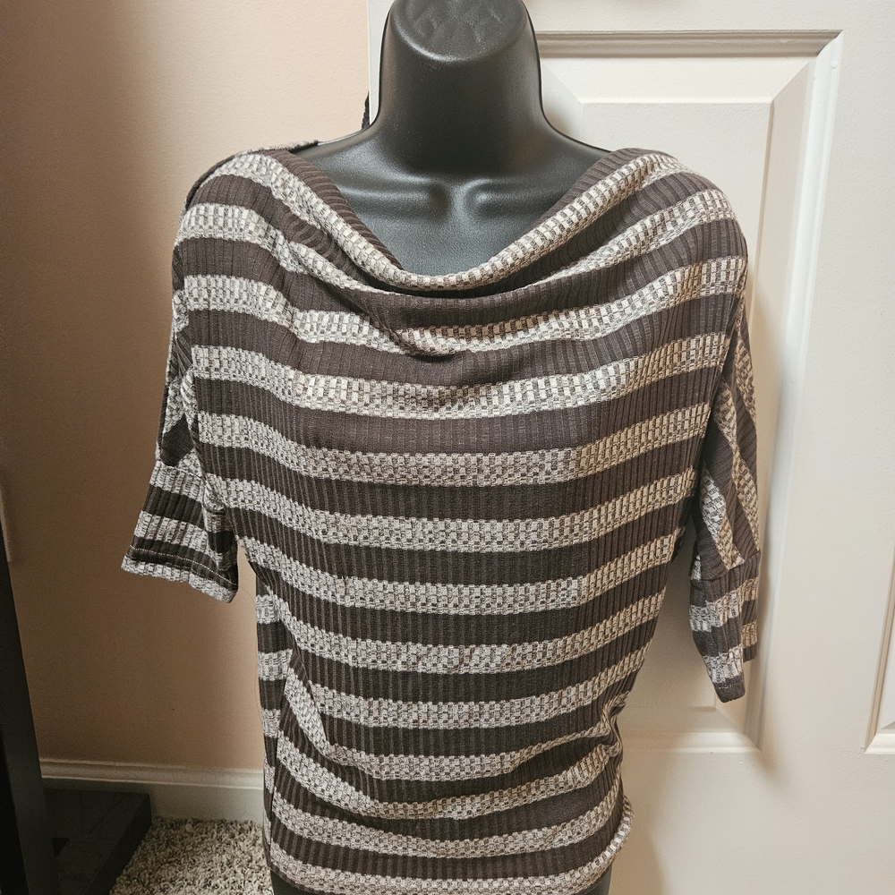 Daytrip Striped Cowl Neck Top in Brown and Gray